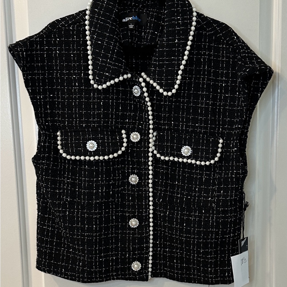 ALICE BLUE NWT LARGE Pearl-Trim Black Tweed Vest
